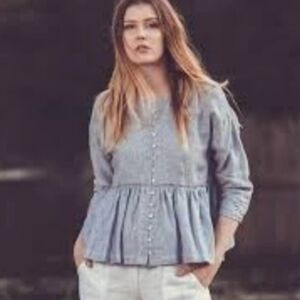 Sigrid Olsen Light Blue Peplum Linen Blouse.